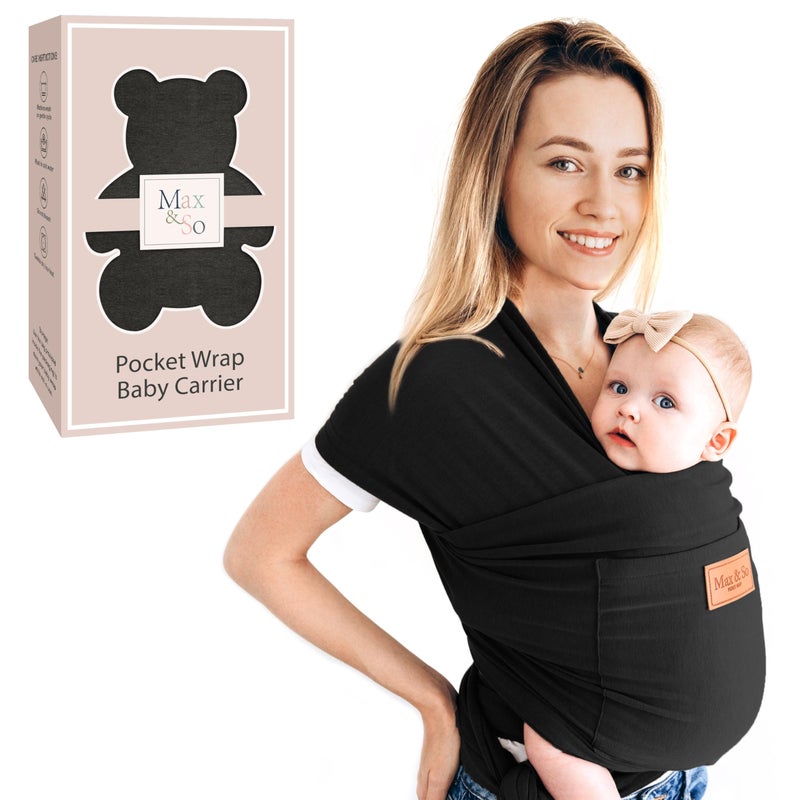 Max&So Baby Wrap Carrier - Premium Cotton Baby Carrier Wrap for Newborn to Toddler- Infant Carrier- Baby Holder One Size Fits All with Front Pocket (Black) by Max&so - Image 1